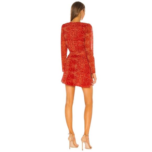 NBD Structured Shoulder Fauna Wrap Dress Red Orange Snake Chiffon size Small - Picture 3 of 8